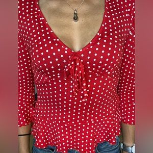 Almost famous deep, cut, polkadot, red butterfly, arm shirt